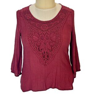 Bobeau Peasant Top Blouse Womens XL Burgundy Crochet Front Scoop Neck Gauzy